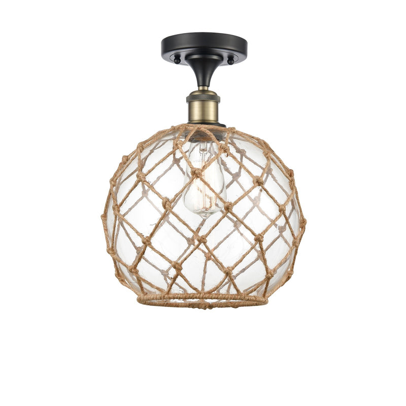 Innovations Farmhouse Rope 10in 1-Light Semi-Flush Mount | Industrial Black Antique Brass Steel and Clear Glass with Brown | Model 616-1F-BAB-G122-10RB