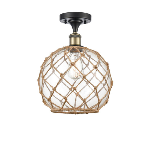 Innovations Farmhouse Rope 10in 1-Light Semi-Flush Mount | Industrial Black Antique Brass Steel and Clear Glass with Brown | Model 616-1F-BAB-G122-10RB