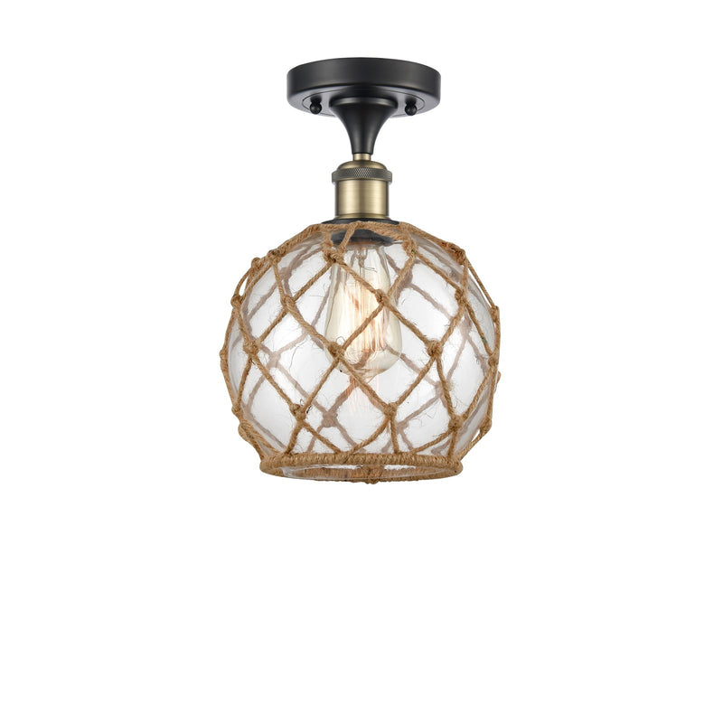 Innovations Farmhouse Rope 8in 1-Light Semi-Flush Mount | Industrial Black Antique Brass Steel and Clear Glass with Brown Rope | Model 616-1F-BAB-G122-8RB