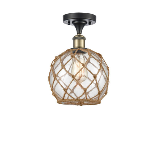 Innovations Farmhouse Rope 8in 1-Light Semi-Flush Mount | Industrial Black Antique Brass Steel and Clear Glass with Brown Rope | Model 616-1F-BAB-G122-8RB