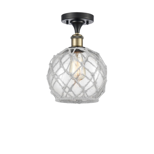 Innovations Farmhouse Rope 8in 1-Light Semi-Flush Mount | Industrial Black Antique Brass Steel and Clear Glass with White Rope | Model 616-1F-BAB-G122-8RW