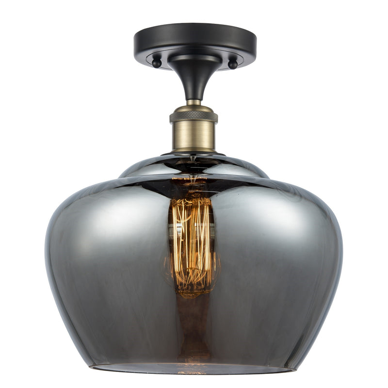 Innovations Fenton 11in 1-Light Semi-Flush Mount | Industrial Black Antique Brass Steel and Light Smoke Ribbed Glass | Kitchen & | Model 616-1F-BAB-G93-L