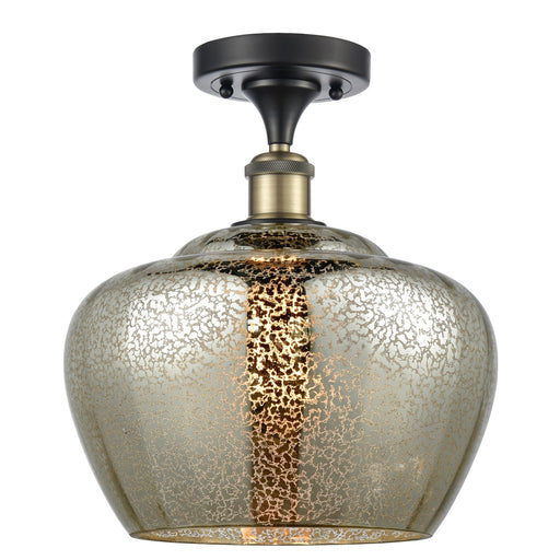 Innovations Fenton 11in 1-Light Semi-Flush Mount | Industrial Black Antique Brass and Mercury Ribbed Glass | Damp-Rated Entryway | Model 616-1F-BAB-G96-L