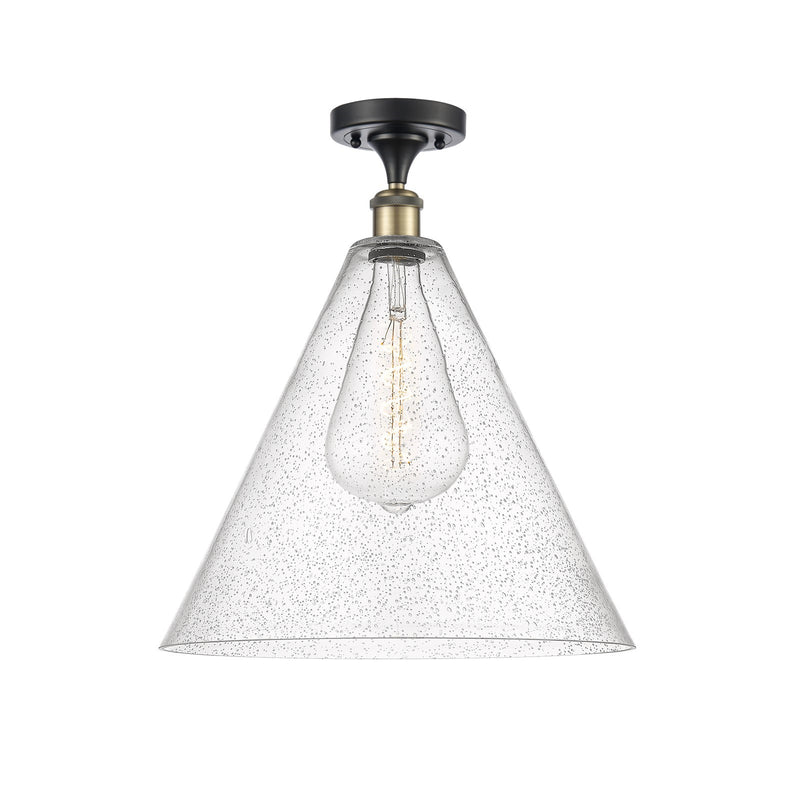 Innovations Berkshire Glass 16in 1-Light Semi-Flush Mount | Industrial Black Antique Brass and Seedy Glass Cone Shade | Model 616-1F-BAB-GBC-164