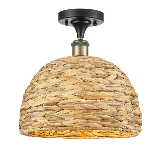 Innovations Woven Rattan 12in 1-Light Semi-Flush Mount | Industrial Black Antique Brass Steel and Natural Fiber Dome Shade | Model 616-1F-BAB-RBD-12-NAT
