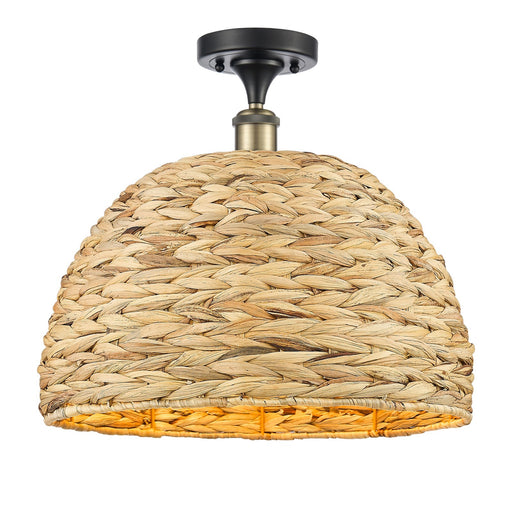 Innovations Woven Rattan 16in 1-Light Semi-Flush Mount | Industrial Black Antique Brass and Natural Rattan | Damp Rated | Model 616-1F-BAB-RBD-16-NAT