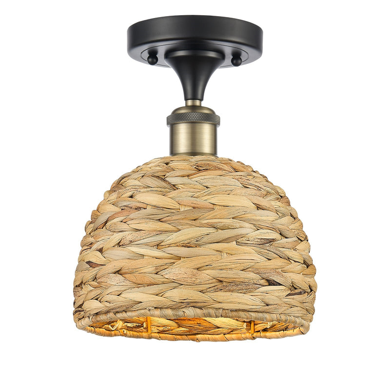 Innovations Woven Rattan 8in 1-Light Semi-Flush Mount | Rustic Black Antique Brass and Natural Woven Rattan | Entryway & | Model 616-1F-BAB-RBD-8-NAT