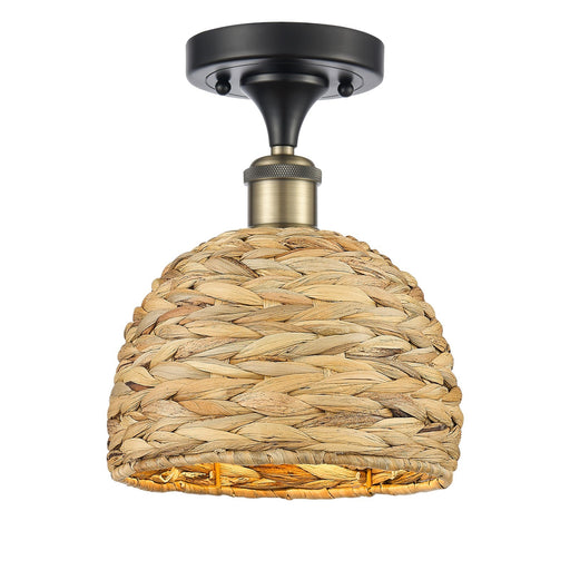 Innovations Woven Rattan 8in 1-Light Semi-Flush Mount | Rustic Black Antique Brass and Natural Woven Rattan | Entryway & | Model 616-1F-BAB-RBD-8-NAT