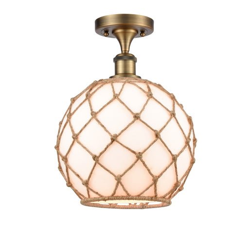 Innovations Farmhouse Rope 10in 1-Light Semi-Flush Mount | Industrial Brushed Brass Steel and Matte White Glass with Brown | Model 616-1F-BB-G121-10RB