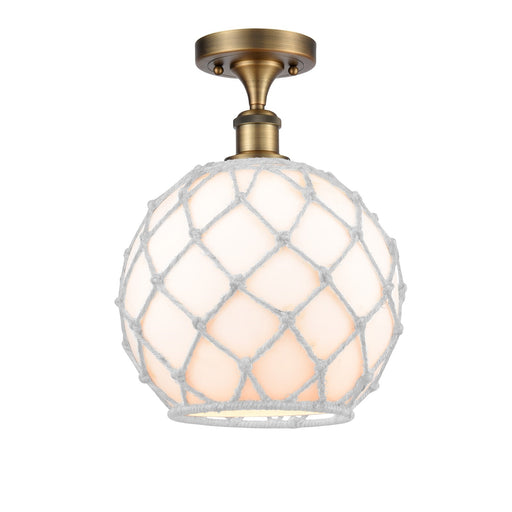 Innovations Farmhouse Rope 10in 1-Light Semi-Flush Mount | Industrial Brushed Brass Steel and White Glass with White Rope | Model 616-1F-BB-G121-10RW