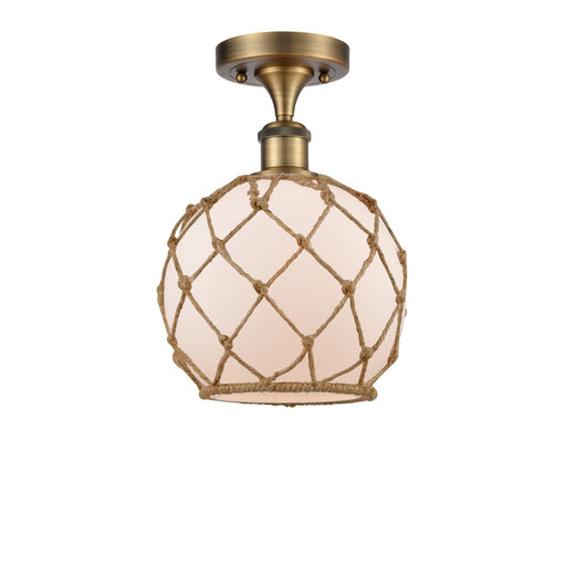 Innovations Farmhouse Rope 8in 1-Light Semi-Flush Mount | Industrial Brushed Brass Steel and White Frosted Glass with Brown | Model 616-1F-BB-G121-8RB