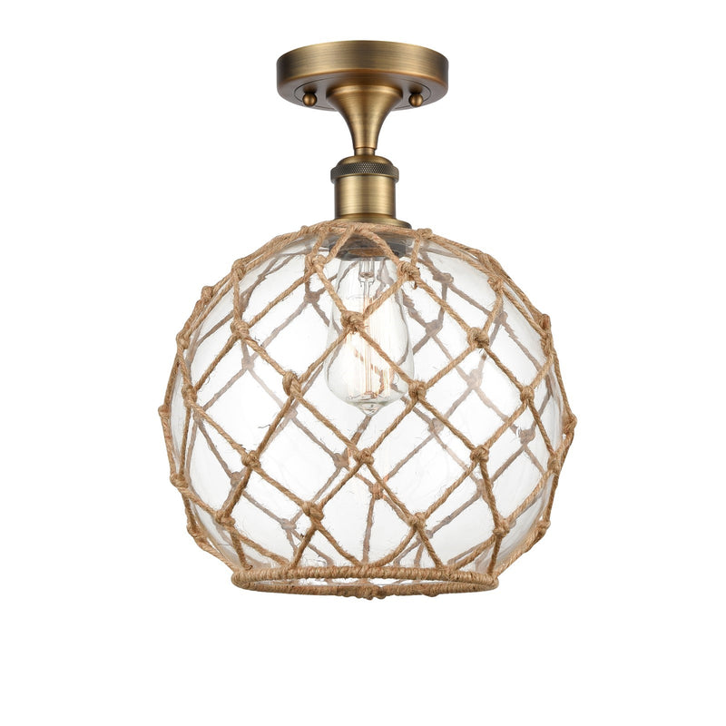 Innovations Farmhouse Rope 10in 1-Light Semi-Flush Mount | Industrial Brushed Brass Steel and Clear Glass with Brown Rope | Model 616-1F-BB-G122-10RB