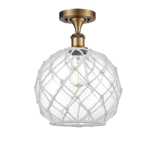 Innovations Farmhouse Rope 10in 1-Light Semi-Flush Mount | Industrial Brushed Brass Steel and Clear Glass with White Rope | Model 616-1F-BB-G122-10RW