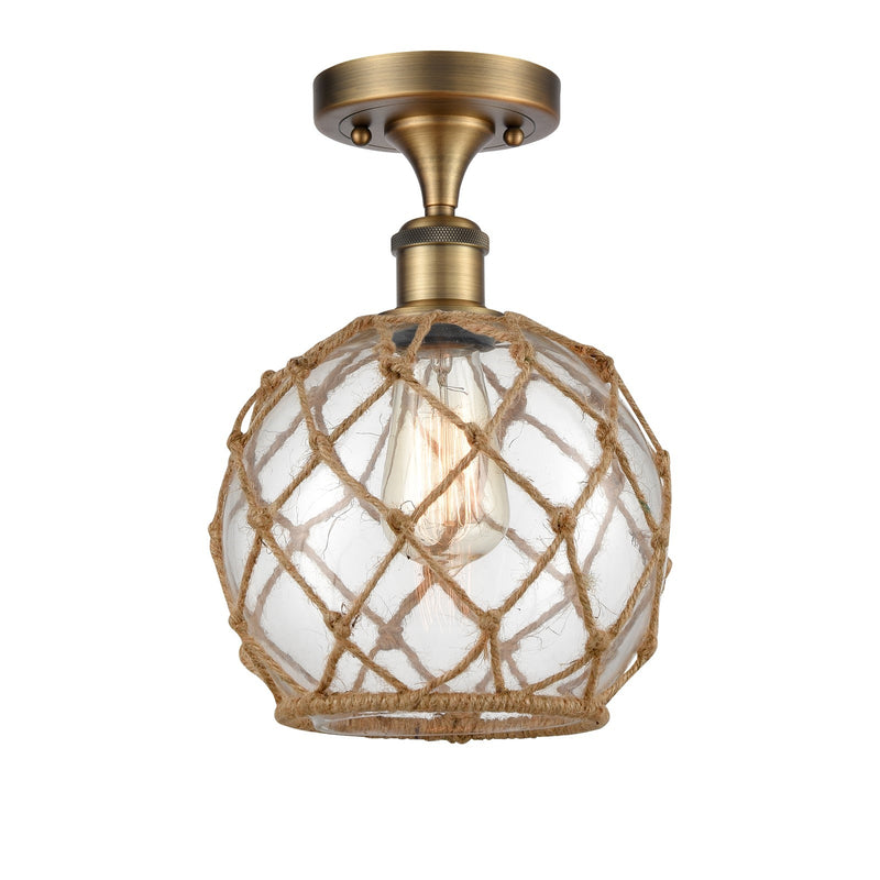 Innovations Farmhouse Rope 8in 1-Light Semi-Flush Mount | Industrial Brushed Brass Steel and Clear Glass with Brown Rope | Model 616-1F-BB-G122-8RB