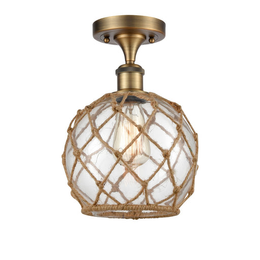 Innovations Farmhouse Rope 8in 1-Light Semi-Flush Mount | Industrial Brushed Brass Steel and Clear Glass with Brown Rope | Model 616-1F-BB-G122-8RB
