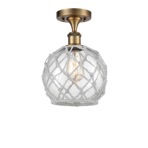 Innovations Farmhouse Rope 8in 1-Light Semi-Flush Mount | Industrial Brushed Brass Steel and Clear Glass with White Rope | Model 616-1F-BB-G122-8RW