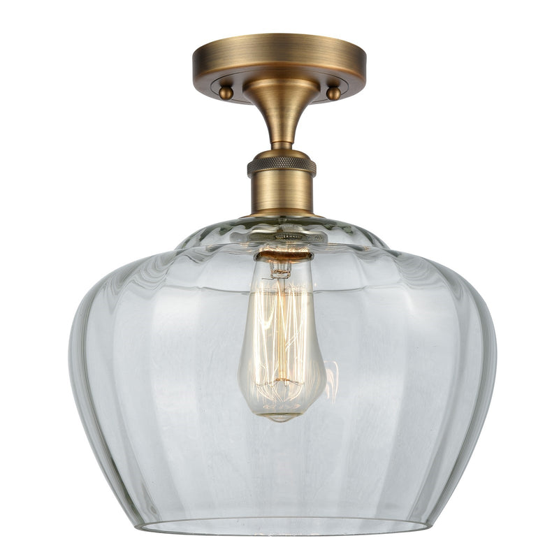 Innovations Fenton 11in 1-Light Semi-Flush Mount | Industrial Brushed Brass Steel and Clear Ribbed Glass | Entryway & Hallway | 11 | Model 616-1F-BB-G92-L