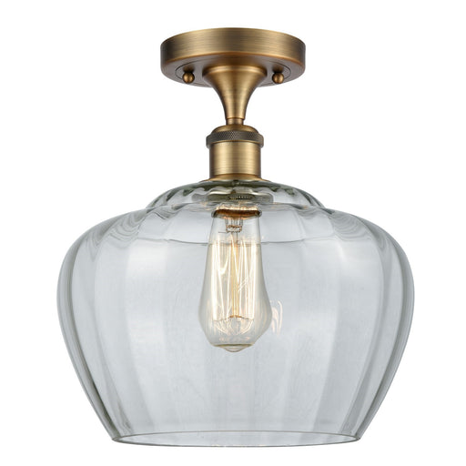 Innovations Fenton 11in 1-Light Semi-Flush Mount | Industrial Brushed Brass Steel and Clear Ribbed Glass | Entryway & Hallway | 11 | Model 616-1F-BB-G92-L