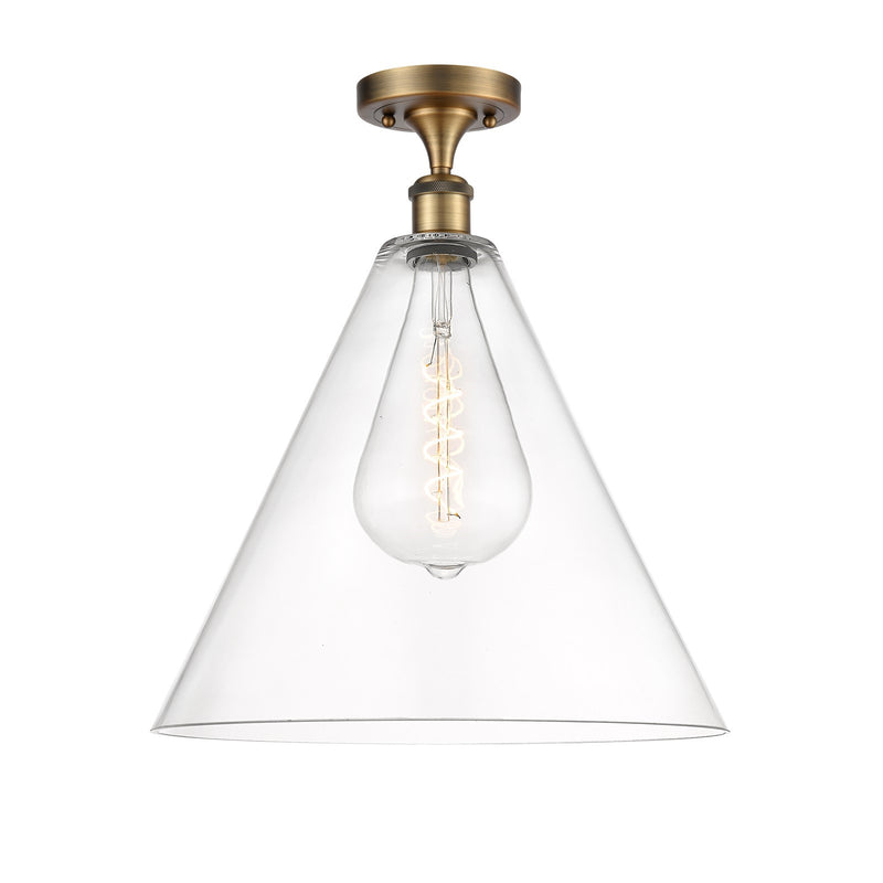 Innovations Berkshire Glass 16in 1-Light Semi-Flush Mount | Industrial Brushed Brass Steel and Clear Cone Glass | Entryway & | Model 616-1F-BB-GBC-162