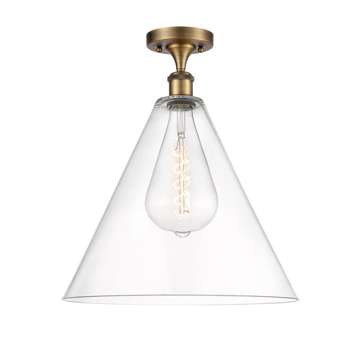 Innovations Berkshire Glass 16in 1-Light Semi-Flush Mount | Industrial Brushed Brass Steel and Clear Cone Glass | Entryway & | Model 616-1F-BB-GBC-162