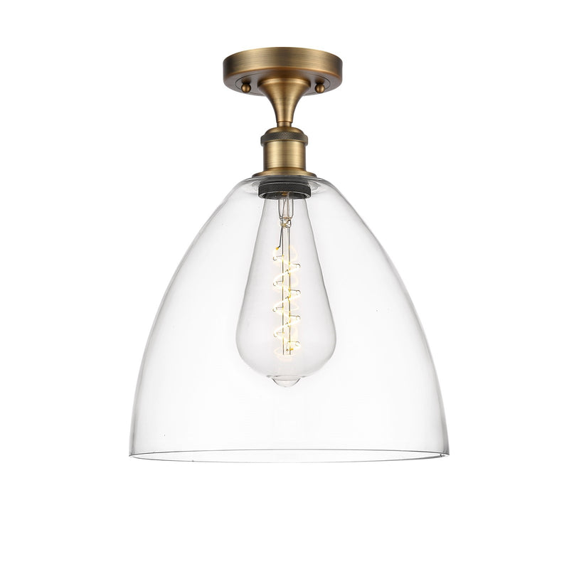 Innovations Bristol 12in 1-Light Semi-Flush Mount | Industrial Brushed Brass Steel and Clear Glass Dome Shade | Damp Location | Model 616-1F-BB-GBD-122