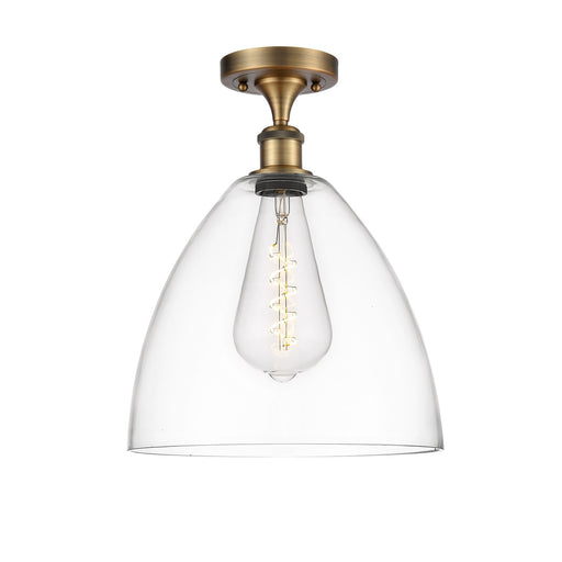 Innovations Bristol 12in 1-Light Semi-Flush Mount | Industrial Brushed Brass Steel and Clear Glass Dome Shade | Damp Location | Model 616-1F-BB-GBD-122