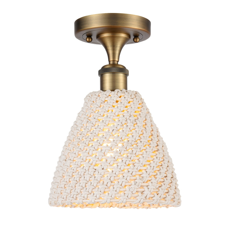 Innovations Bristol Natural 7.5in 1-Light Semi-Flush Mount | Industrial Brushed Brass Steel and Natural Fiber Shade | Damp | Model 616-1F-BB-NBD-75-NAT