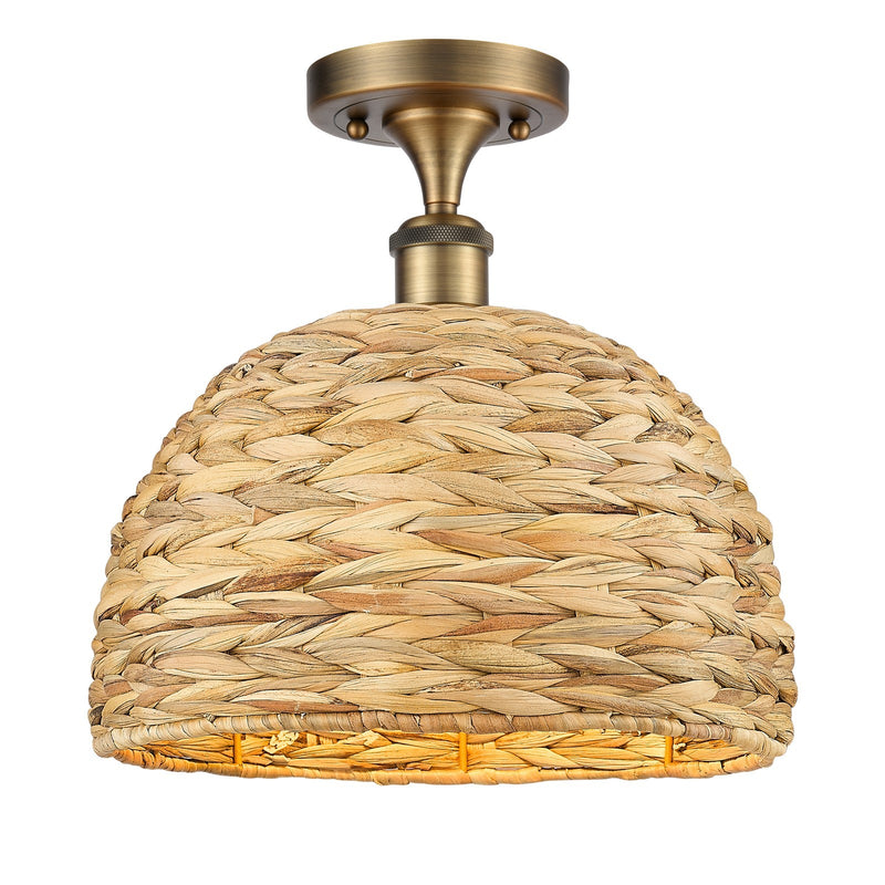 Innovations Woven Rattan 12in 1-Light Semi-Flush Mount | Industrial Brushed Brass Steel and Natural Rattan Dome Shade | Model 616-1F-BB-RBD-12-NAT