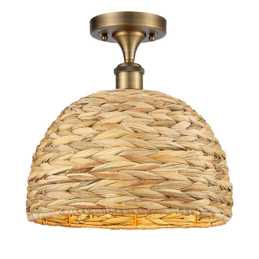 Innovations Woven Rattan 12in 1-Light Semi-Flush Mount | Industrial Brushed Brass Steel and Natural Rattan Dome Shade | Model 616-1F-BB-RBD-12-NAT