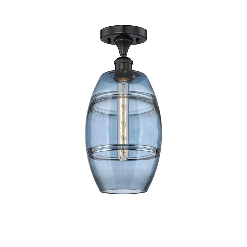 Innovations Vaz 8in 1-Light Semi-Flush Mount | Industrial Matte Black Steel and Princess Blue Glass | Hallway & Bedroom | Model 616-1F-BK-G557-8BL