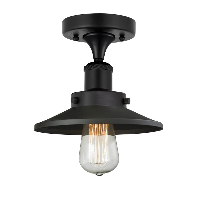 Innovations Railroad 8in 1-Light Semi-Flush Mount | Industrial Matte Black Steel and Cast Brass with Matte Black Metal Cone Shade | Model 616-1F-BK-M6-BK