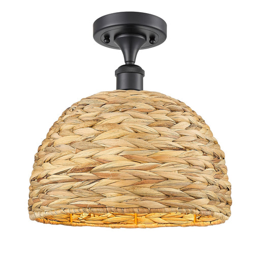 Innovations Woven Rattan 12in 1-Light Semi-Flush | Industrial Matte Black Steel and Natural Fiber Dome Shade | Entryway & | Model 616-1F-BK-RBD-12-NAT