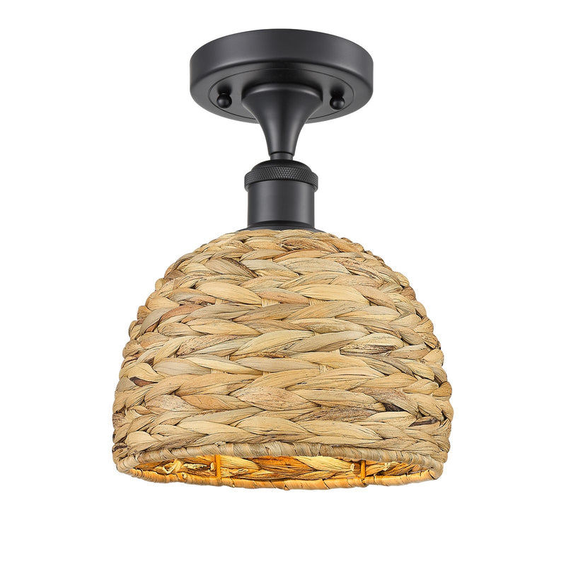 Innovations Woven Rattan 8in 1-Light Semi-Flush Mount | Rustic Farmhouse Matte Black Steel and Natural Woven Rattan | Entryway | Model 616-1F-BK-RBD-8-NAT