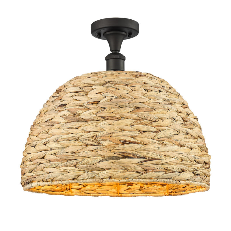 Innovations Woven Rattan 16in 1-Light Semi-Flush Mount | Industrial Oil Rubbed Bronze Steel and Natural Fiber | Kitchen & | Model 616-1F-OB-RBD-16-NAT