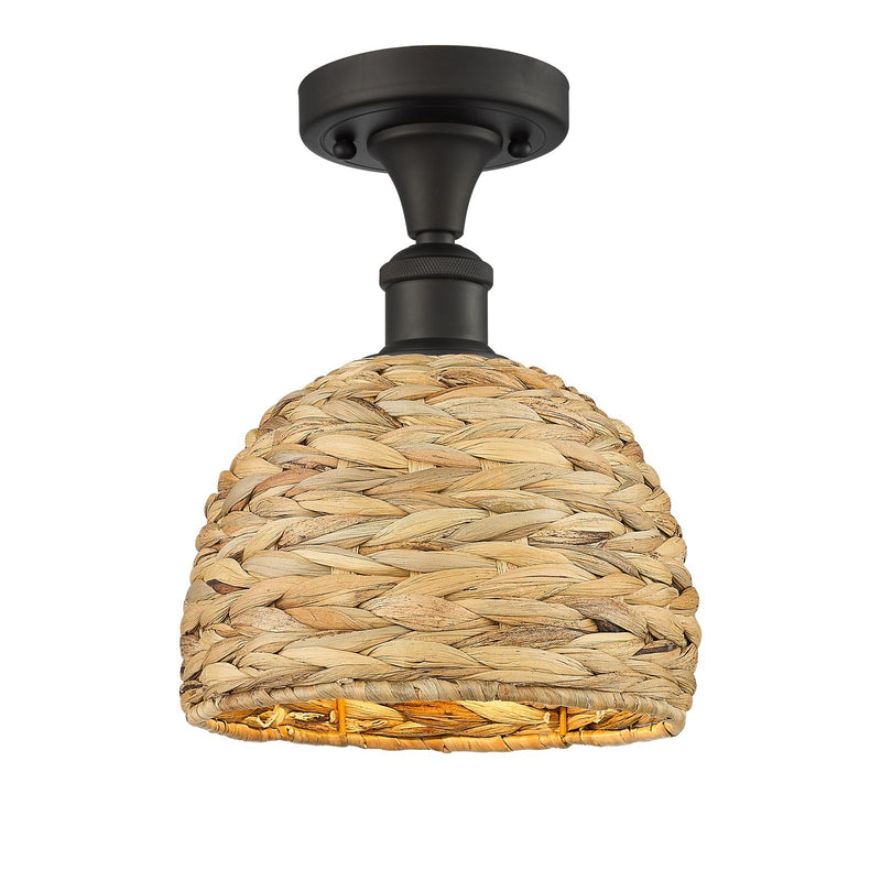 Innovations Woven Rattan 8in 1-Light Semi-Flush Mount | Rustic Oil Rubbed Bronze and Natural Woven Rattan | Damp-Rated | Model 616-1F-OB-RBD-8-NAT