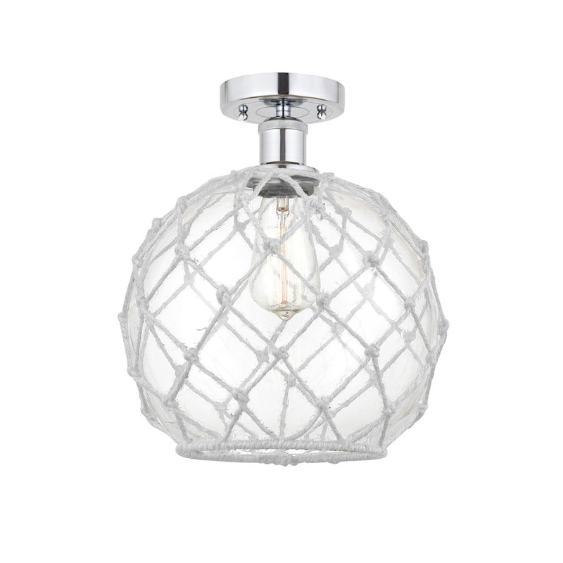 Innovations Edison Farmhouse Rope 10in 1-Light Semi-Flush Mount | Industrial Polished Chrome Steel and Clear Glass with White | Model 616-1F-PC-G122-10RW