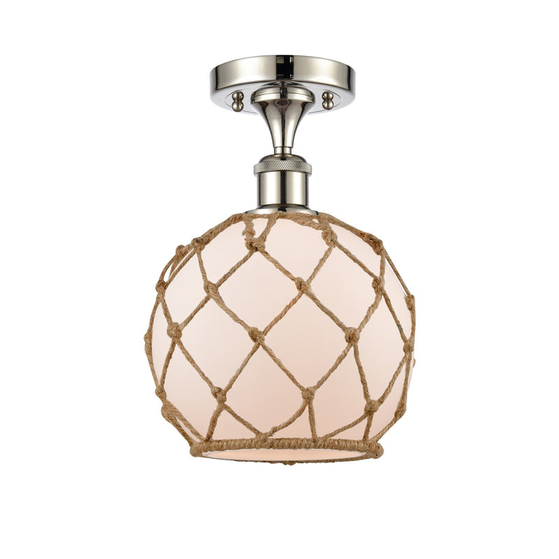 Innovations Farmhouse Rope 8in 1-Light Semi-Flush Mount | Industrial Polished Nickel and White Glass with Brown Rope | Model 616-1F-PN-G121-8RB