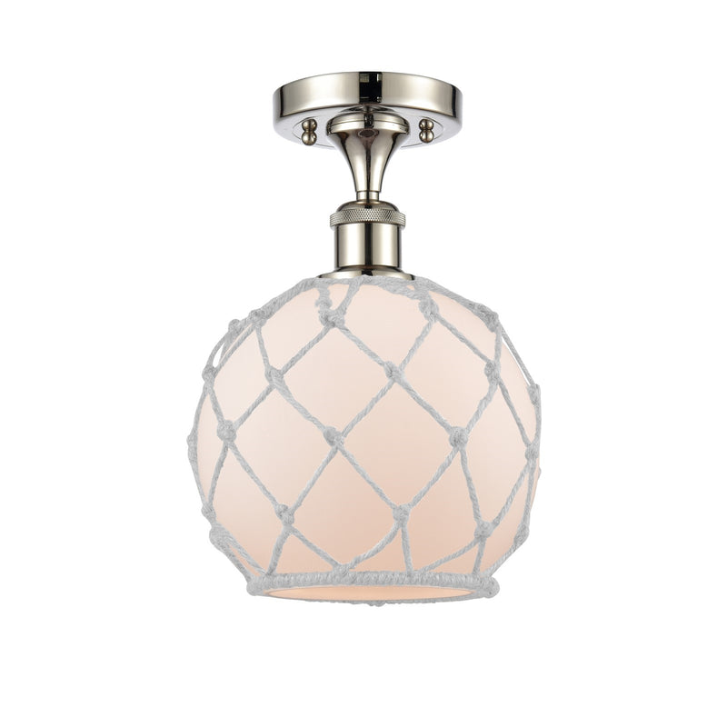 Innovations Farmhouse Rope 8in 1-Light Semi-Flush Mount | Industrial Farmhouse Polished Nickel and White Frosted Glass with | Model 616-1F-PN-G121-8RW