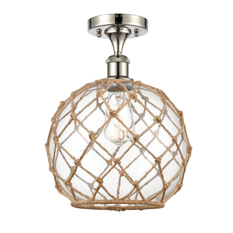 Innovations Farmhouse Rope 10in 1-Light Semi-Flush Mount | Industrial Polished Nickel Steel and Clear Glass with Brown Rope | Model 616-1F-PN-G122-10RB
