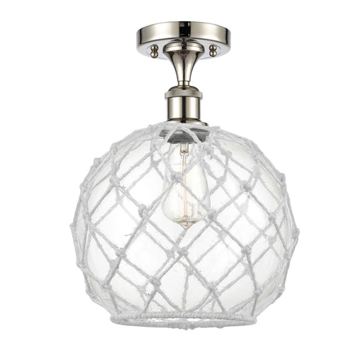 Innovations Farmhouse Rope 10in 1-Light Semi-Flush Mount | Industrial Polished Nickel and Clear Glass with White Rope Shade | Model 616-1F-PN-G122-10RW