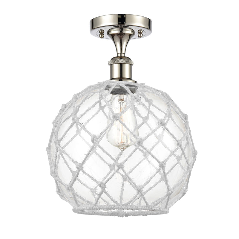 Innovations Farmhouse Rope 10in 1-Light Semi-Flush Mount | Industrial Polished Nickel and Clear Glass with White Rope Shade | Model 616-1F-PN-G122-10RW