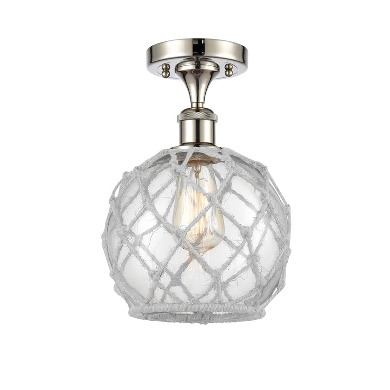 Innovations Farmhouse Rope 8in 1-Light Semi-Flush Mount | Industrial Farmhouse Polished Nickel and Clear Glass with White Rope | Model 616-1F-PN-G122-8RW