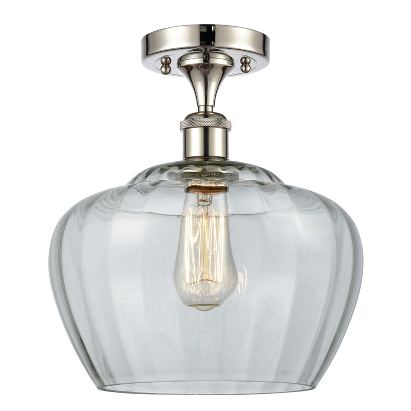 Innovations Fenton 11in 1-Light Semi-Flush Mount | Industrial Polished Nickel Steel and Clear Ribbed Glass | Kitchen & Hallway | Model 616-1F-PN-G92-L