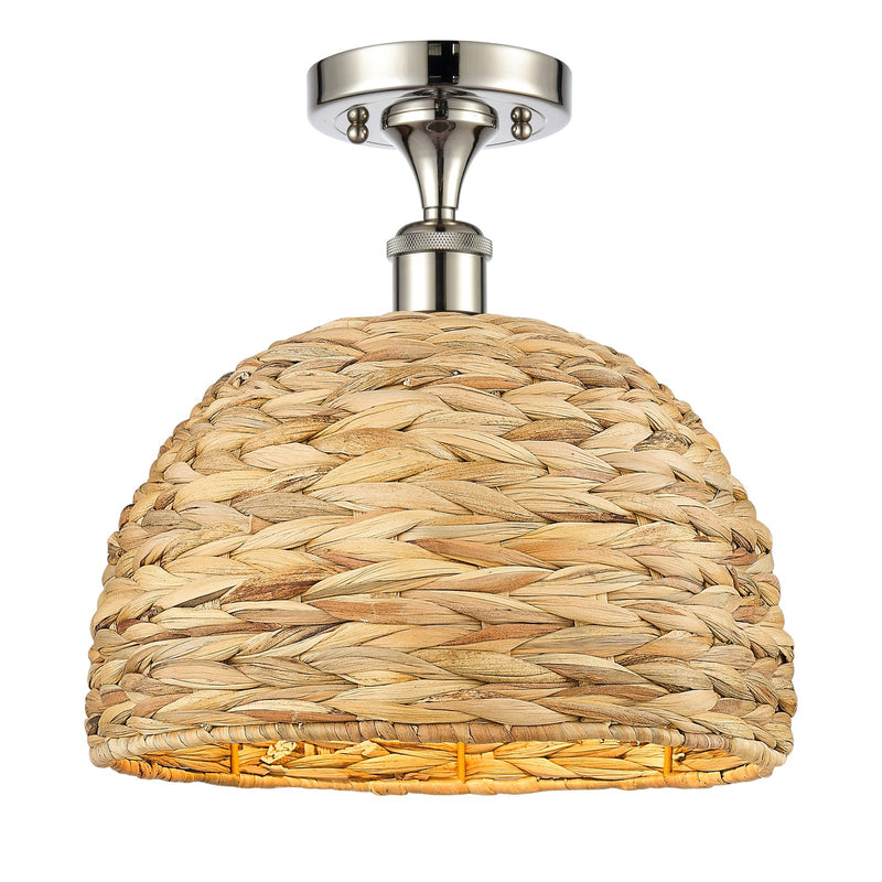 Innovations Woven Rattan 12in 1-Light Semi-Flush Mount | Industrial Polished Nickel and Natural Rattan Shade | Entryway & | Model 616-1F-PN-RBD-12-NAT