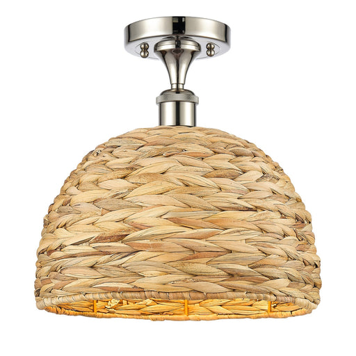 Innovations Woven Rattan 12in 1-Light Semi-Flush Mount | Industrial Polished Nickel and Natural Rattan Shade | Entryway & | Model 616-1F-PN-RBD-12-NAT