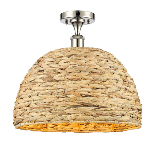 Innovations Woven Rattan 16in 1-Light Semi-Flush Mount | Industrial Polished Nickel and Natural Fiber Dome Shade | Damp-Rated | Model 616-1F-PN-RBD-16-NAT