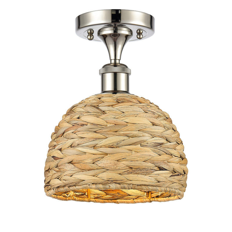 Innovations Woven Rattan 8in 1-Light Semi-Flush Mount | Rustic Polished Nickel Steel and Natural Woven Rattan | Entryway & | Model 616-1F-PN-RBD-8-NAT