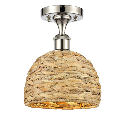 Innovations Woven Rattan 8in 1-Light Semi-Flush Mount | Rustic Polished Nickel Steel and Natural Woven Rattan | Entryway & | Model 616-1F-PN-RBD-8-NAT