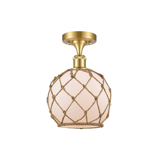 Innovations Farmhouse Rope 8in 1-Light Semi-Flush | Industrial Farmhouse Satin Gold Steel and White Frosted Glass with Brown | Model 616-1F-SG-G121-8RB