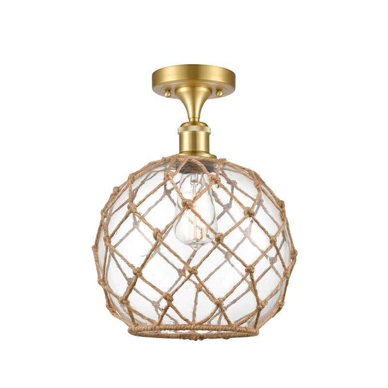 Innovations Farmhouse Rope 10in 1-Light Semi-Flush | Industrial Satin Gold Steel and Clear Glass with Brown Rope Shade | Model 616-1F-SG-G122-10RB